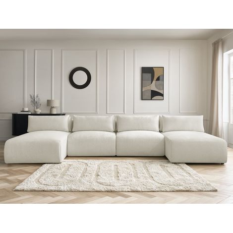 BOBOCHIC - Canapé panoramique fixe modulable avec têtières JANA tissu chiné avec 2 méridiennes et 2 chauffeuses Blanc (1/5)
