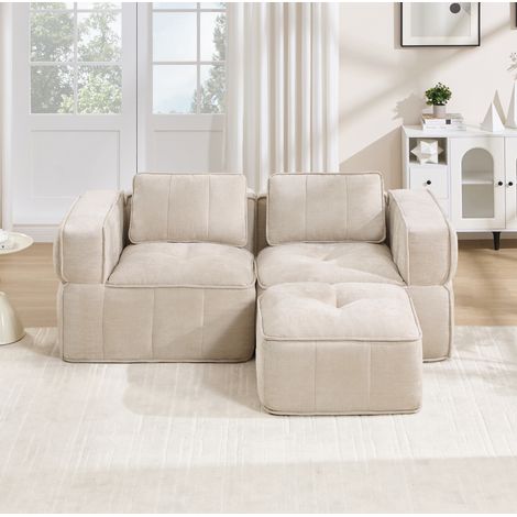Sofá rinconera modular 2 plazas 198x162x67 cm con puf, espuma 32D, tejido poliéster beige (1/5)
