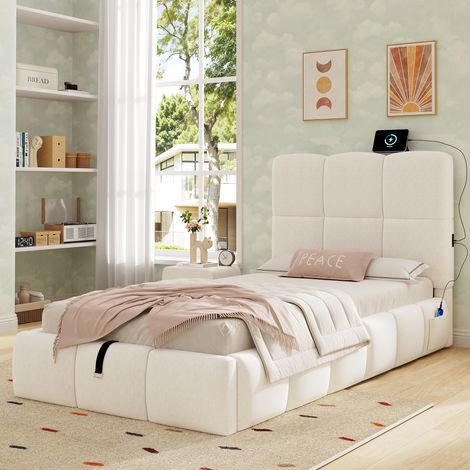 Lit enfant 90 x 200 cm beige en velours avec coffre hydraulique, tête de lit rembourrée, port USB Type-C, sommier à lattes et coins arrondis (1/5)