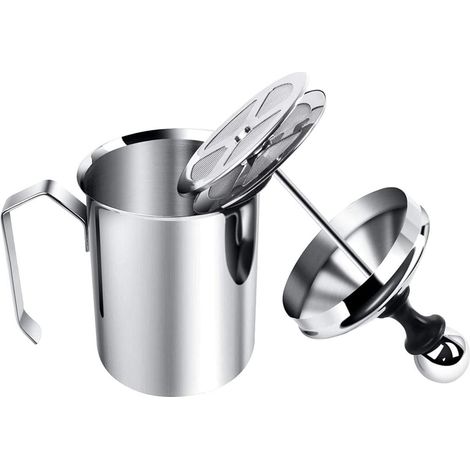 Montalatte manuale in acciaio inox con doppia griglia, ideale per cappuccino, caffè, latte macchiato e cioccolata calda (400 ml) (1/2)