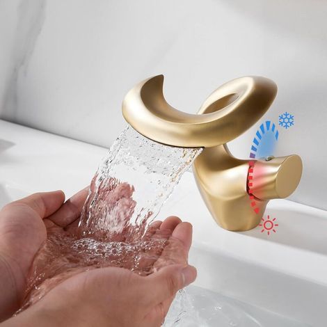 Robinet de lavabo cascade finition or brossé Mitigeur à un trou en laiton Design moderne élégant Installation facile Pour salle de bain design