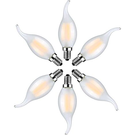 Lampadine LED E14 da 4W effetto fiamma, luce bianca calda 2700K, vetro satinato, confezione da 6 per lampadari e applique.