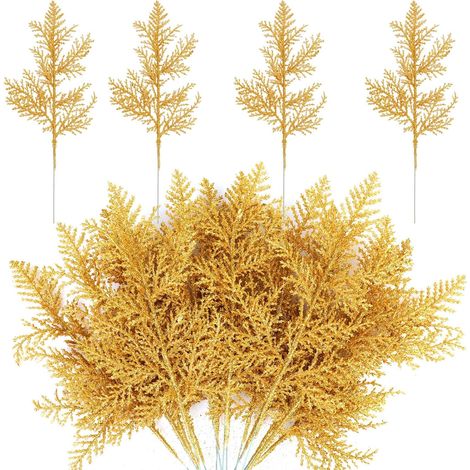 16 künstliche Weihnachtszweige, künstliche Blätter mit Goldglitzer, Tannenzweige für Weihnachtsbaumgirlanden, Tischdekoration, Hochzeitsfeiern, Heim- und Gartendekoration