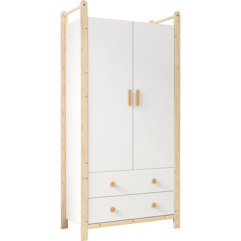 Armario de 2 puertas con barra de colgar y 2 cajones 90 x 45 x 180 cm blanco y pino (1/5)
