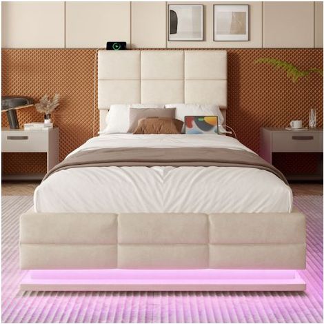 Lit Coffre - SOGEU - Lit Coffre 90x200cm - Tête de lit réglable - Velours beige - LED dimmable & USB/Type-C (1/5)
