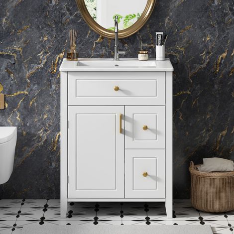 Meuble bas salle de bain sur pied blanc 61x47x87cm, vasque céramique, poignées dorées, tiroirs, étagère, rangement, sans robinetterie (1/5)