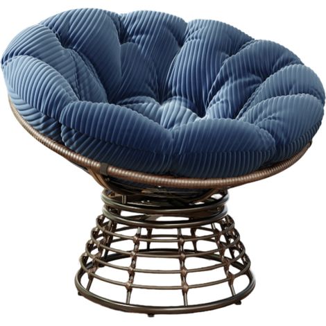 Fauteuil Papasan Rotatif 360° en Rotin PE et Acier avec Coussin Épais Bleu Marine - Cadre Marron, Intérieur/Extérieur (1/5)