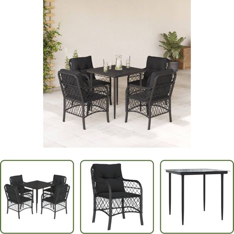 Gartenessgruppe -  5-tlg. Garten-Essgruppe mit Kissen Schwarz Poly Rattan (1/5)