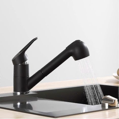 Robinet mitigeur de cuisine en laiton noir, pivotant à 120°, avec douchette extensible et 2 fonctions : eau chaude et eau froide.-AquaForge (1/5)