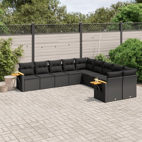Ensemble Salon Jardin 10 Places Noir Résine Tressée avec Coussins - Meuble Extérieur Modulaire (1/5)