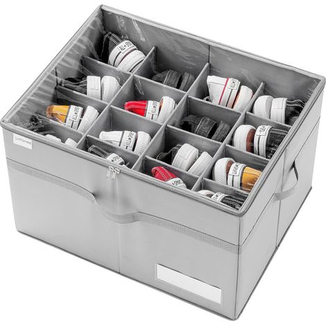 Organisateur Chaussures - 16 Paires - Boîte Rangement Transparente Pliable - Fond Rigide 4 mm - Poignées Renforcées - Gris (1/5)