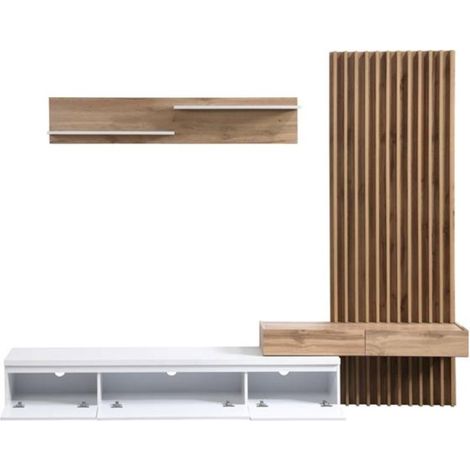 Conjunto De Comedor Con Mesa Tv Y Panelado Blanco Y Roble