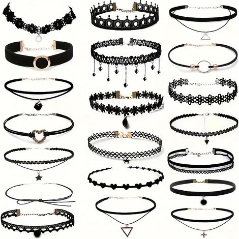 Set aus zwanzig farbenfrohen, klassischen Choker-Halsketten aus Spitze und schwarzem Samt, Damenschmuckset, Modeaccessoires (1/5)