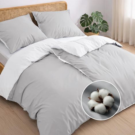 Four-Piece Bedding Set, Reversible Duvet Cover 135x200cm, Light Grey Percale Cotton, 2 Pillowcases 80x80cm, Single Bed (1/5)