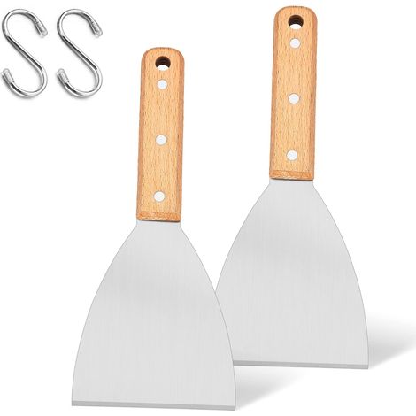 Lot de 2 Spatules Acier Inoxydable, Bord Incliné, Poignée Bois, Cuisson Barbecue