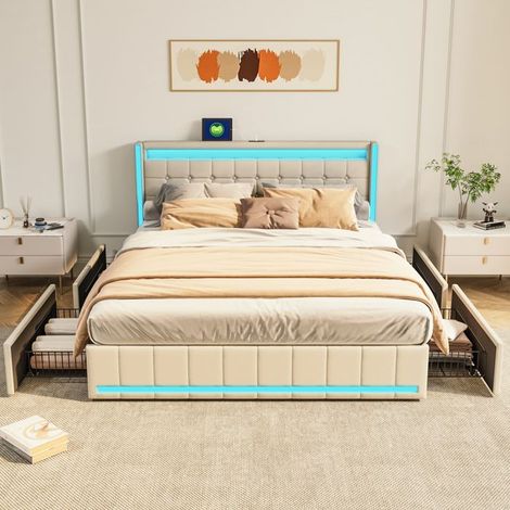 Beleuchtetes Bett - 140x200 cm - LED-Kopfteil - 4 Schubladen - Eingebaute USB-Ports - Beige