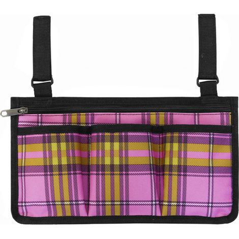 Sacoche latérale pour fauteuil roulant d'extérieur, sac de rangement avec accoudoir, organiseur de poche, support pour téléphone, organiseur pour fauteuil roulant à rayures roses (1/5)