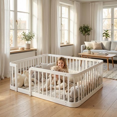 Parc modulable blanc pour bébé (140 x 200 cm), espacement sécurisé des barreaux de 7 cm, bords arrondis, sol anti-pincement