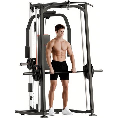 Versatile 3-in-1 Smith Machine with Dual Cable Pulley, Chest Press Station, 17-Level Squat Rack, and Barbell Included (1/5)