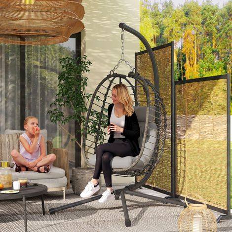 Fauteuil suspendu œuf en rotin avec coussin et appui-tête. Hauteur réglable et assise pliable. Gris.