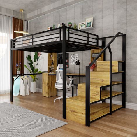 Hochbett aus Metall 140 x 200 cm mit Schreibtisch, Stauraum und USB-Anschluss, Schwarz OKMYHOME (1/5)