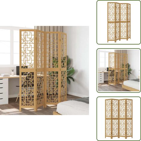 The Living Store Biombo separador de 4 paneles madera maciza paulownia marrón - Madera paulownia