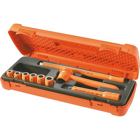 Facom – Jeu de 9 outils isolés 1000V – Cliquet réversible 3/8' – Clés à douille 8-14 mm – Rallonges 3/8' pour usage professionnel
