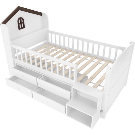 CAIziLit mi-hauteur 90x200 cm forme maison avec 4 tiroirs, LED, blanc (1/5)