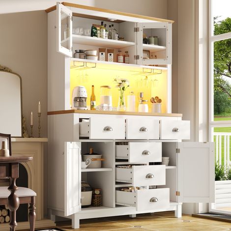 Buffet de cuisine style campagne, meuble de rangement 4 portes 6 tiroirs, LED intégrée, porte-bouteilles, MDF, 104x40x180 cm, bahut cuisine séjour, blanc