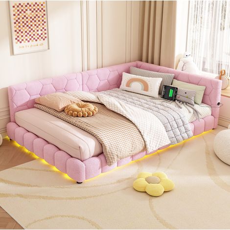 Cama matrimonio tapizada con luz LED y USB rosa OKMYHOME (1/5)