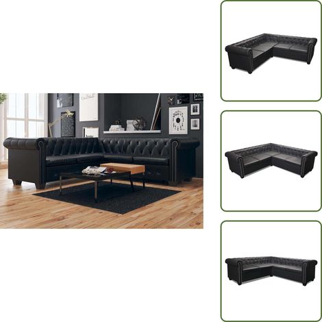 The Living Store Divano Angolare Chesterfield a 5 Posti Pelle Artificiale Nera - Divano Chesterfield