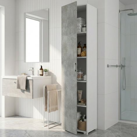Dmora Armario multiusos Aquilegia, Mueble lineal con 1 puerta batiente y 4 baldas regulables, Mueble columna para baño, 100% Made in Italy, Cm 45x45h195, Cemento y Blanco, con embalaje reforzado (1/5)