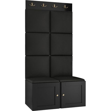 Meuble d'entrée Hartford 375, Noir, 186x84x46cm, MDF, Stratifié, Faux cuir, Murale, À poser