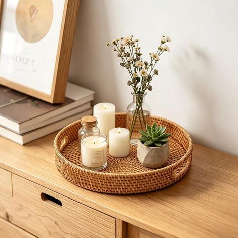 Plateau Rond en Rotin Tressé Main avec Poignée – Desserte Ronde Artisanale en Osier pour Salon Table Basse et Décoration (1/5)