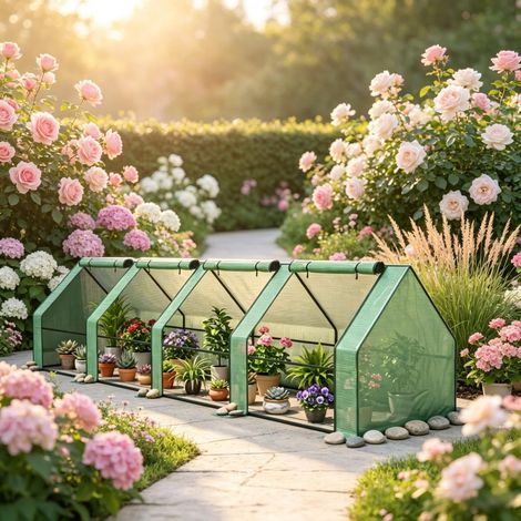 Mini serre tunnel de jardin avec 4 fenêtres à fermeture éclair enroulables, structure en acier, film PE 140 g/m², résistant aux UV (1/5)