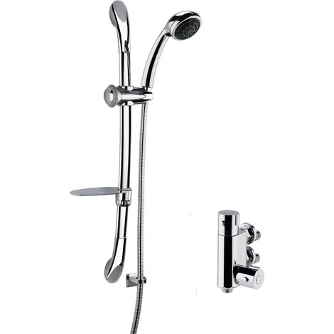 Round Thermostatic Vertical Bar Valve and Luxury Curved Slider Rail Kit Shower Bundle - Chrome - Balterley