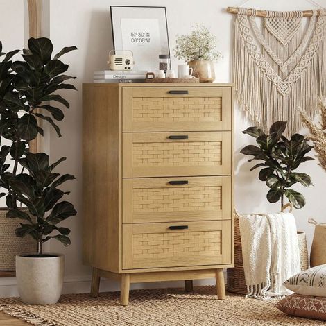 Comò camera da letto per adulti, 4 cassetti, intreccio di rattan, PVC, Scandinavo, 55 x 39 x 95 cm, colore rovere