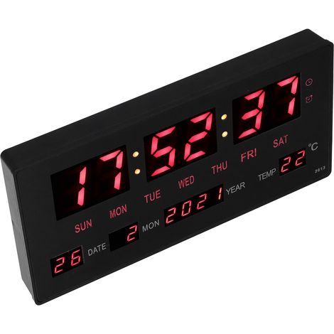 Digitale LED-Uhr 100–240 V, Kreativer ewiger Kalender, Thermometer, Einfacher elektronischer Wecker für das Wohnzimmer (Rotes Modell 2613 mit Türklingel, Wanduhr mit eingebauter Batterie, Batterie für (1/5)