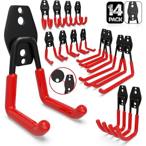 3-H Crochet Mural Garage,Porte Outils Mural en Acier Robuste avec 3 Points de Soudure Renforcés et Revêtement PVC Antidérapant pour Rangement Outils de Jardin,Échelle,Tuyaux et Atelier,Rouge,14pcs (1/5)