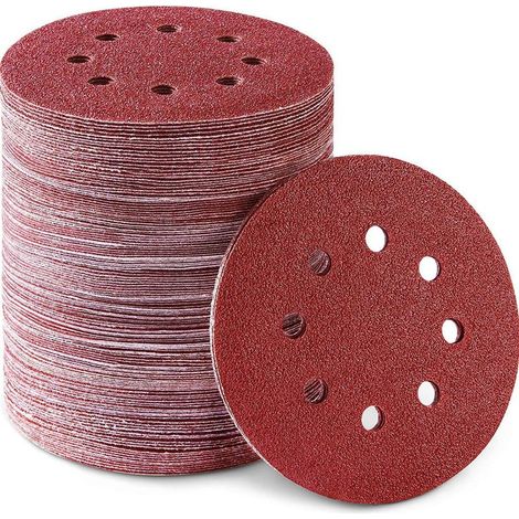 Lot de 100 disques abrasifs 125 mm – Grain p80 – 8 trous pour aspiration – Pour ponceuse excentrique bois dur (1/2)