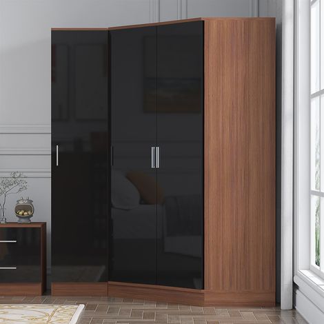Reflect 2pc Wardrobe Bundle - 2 Door Corner + 1 Door Plain - Black Gloss & Walnut (1/5)