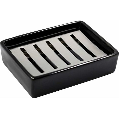SUS304 Stainless Steel Ceramic Soap Dish for Bathroom, Double Layer, Self-Draining Soap Dish, Say No to Fluffy Soap, Easy Cleaning (Black) (1/5)