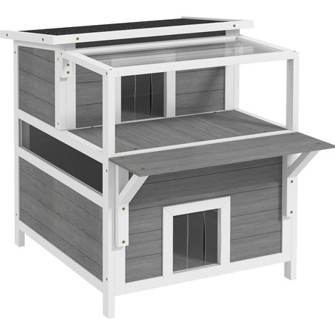Maison pour félins 2 étages avec terrasse couverte, toit amovible, usage extérieur et intérieur, gris clair (1/5)
