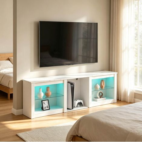 Mobile TV LED 160x35x49,7 cm in pannello truciolare bianco per soggiorno, con contenitore – MEUBLIV (1/5)