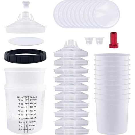 Set of measuring cups, lid and liner system with 10 inserts, 10 lids with filters, 1 hard cup with support ring, 2 connectors, 1 adapter M16 (600 ml) (1/5)