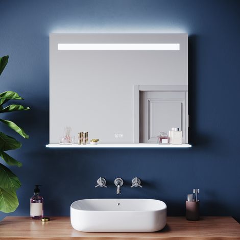 SIRHONA Miroir lumineux de salle de bain - Miroir intelligent antibuée à double éclairage, avec 3 températures de couleur et une étagère, 100 x 65 cm