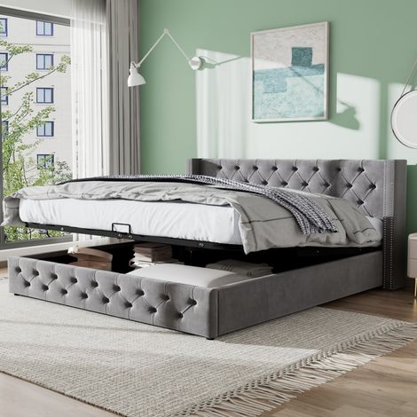 Lit double 140x190 coffre hydraulique tête capitonnée forme oreille rivets flanelle noir, gris fond imperméable (sans Matelas) (1/5)