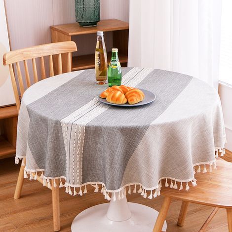 Nappe bohème en lin lavable en machine, ornée de broderies à rayures, élégante et anti-poussière, 140 cm. (1/5)