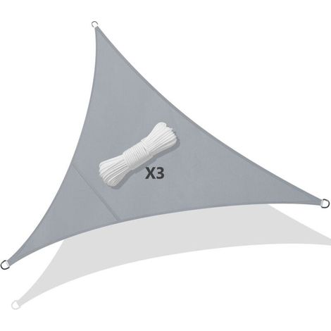 Voile d'ombrage triangle imperméable 3x3x3m en polyester 160g/m² – Protection UV 95% – Cordes de fixation incluses – Couleur gris (1/5)