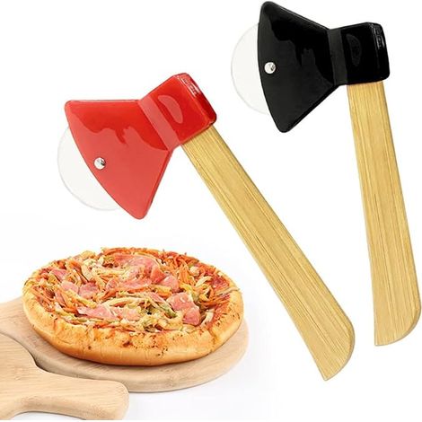 2 coupe-pizzas de type hache avec manches en bambou et lames rotatives tranchantes pour la pizza, le pain, les gâteaux, etc. – Couleurs : rouge + noir (1/5)